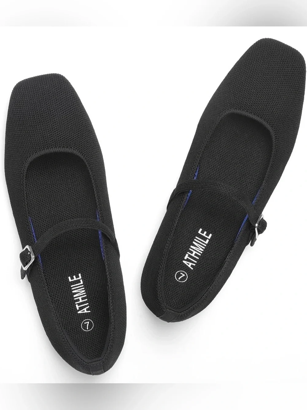 Athmile Women’s Square-Toe Ballet Mary Jane Knit Flats in Black - US Size 9